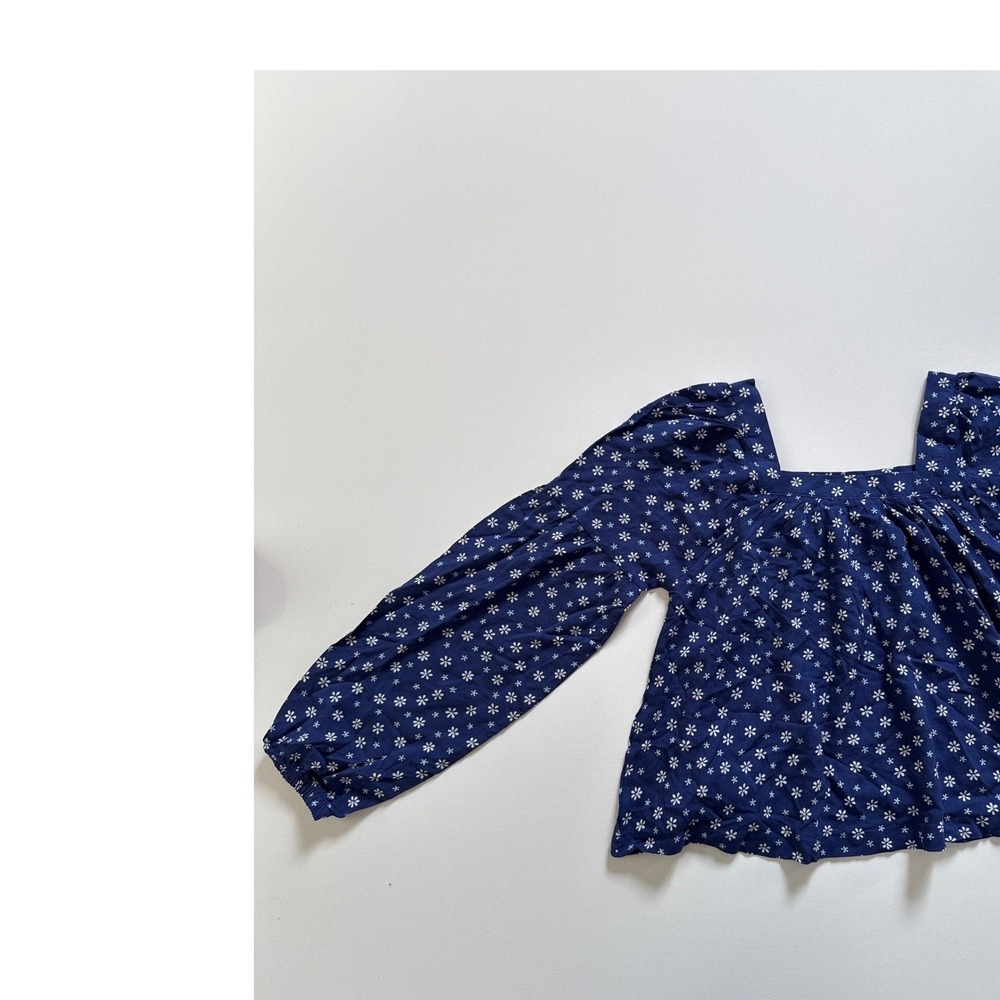 Levis Girls Navy Blue Floral Daisy Puff Sleeve Square Neck Blouse Top M 10-12Y